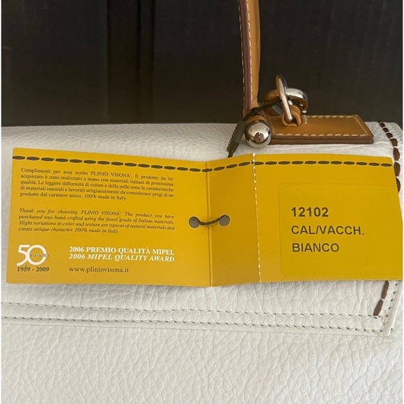 Plinio Visona Handbag. All White Italian Leather Bag with Brown Leather Trim. - Picture 10 of 13